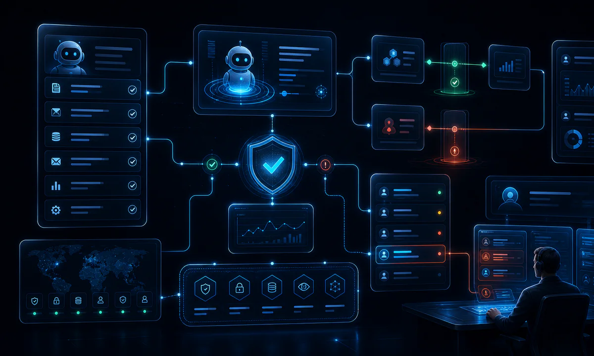 Схема human-in-the-loop контроля AI-агента: правила, логи, ограничения и передача человеку