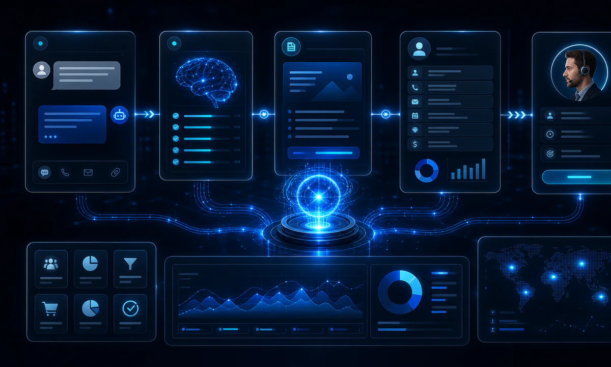 Схема AI-агента продаж: входящая заявка, диалог, оффер, CRM и передача горячего лида